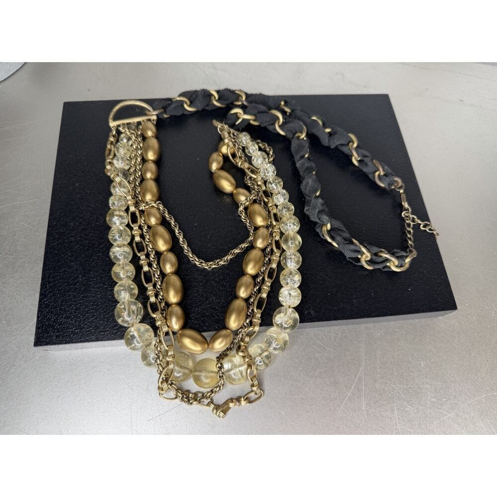 Talbots Mulit-Strand Gold Lucite Beaded & Woven Ribbon Long Necklace Y2K